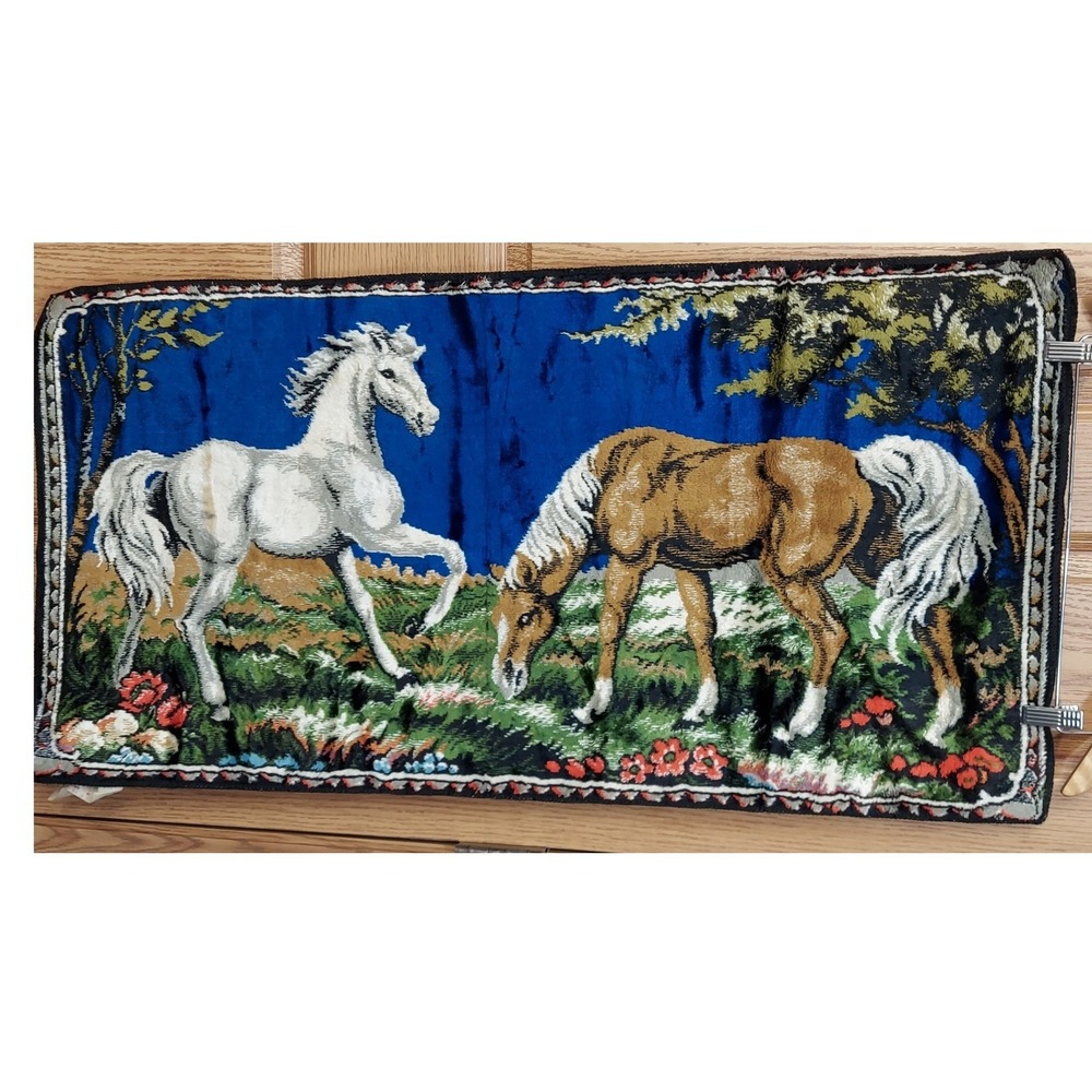 Vintage Horse Velvet Tapestry Wall Hanging Made in Italy R.T. Co. 39x20
